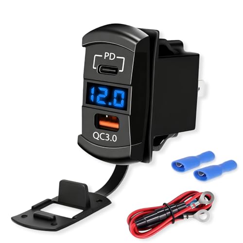 USB C Car Charger Socket,PD 55W & QC3.0 36W Multifunctional Dual-Port Fast Charging Outlet with LED Voltmetert,10A Inline Fuse,Rocker Switch USB Panel for Boat RV Truck Motorcycle ATV UTV Golf Cart - color: Blue
