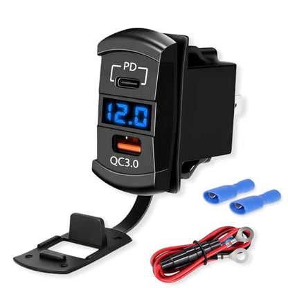 USB C Car Charger Socket,PD 55W & QC3.0 36W Multifunctional Dual-Port Fast Charging Outlet with LED Voltmetert,10A Inline Fuse,Rocker Switch USB Panel for Boat RV Truck Motorcycle ATV UTV Golf Cart - color: Blue