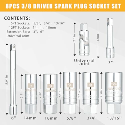 AEROFORCE 3/8-Inch Drive Spark Plug Socket Set 8PCS - Includes 6 Point Sockets 5/8-inch, 3/4-inch and 13/16-inch, 12 Point Sockets 14mm&18mm, 2 Extension Bars,Universal Joint - size: ‎8PC (14mm, 5/8", 18mm, 3/4", 13/16")