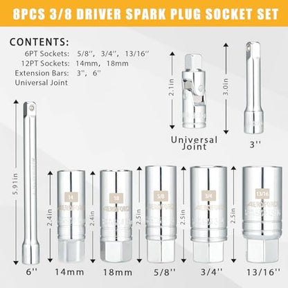 AEROFORCE 3/8-Inch Drive Spark Plug Socket Set 8PCS - Includes 6 Point Sockets 5/8-inch, 3/4-inch and 13/16-inch, 12 Point Sockets 14mm&18mm, 2 Extension Bars,Universal Joint - size: ‎8PC (14mm, 5/8", 18mm, 3/4", 13/16")