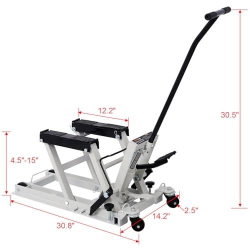 Hydraulic Motorcycle Lift Jack 1500 LBS Capacity, ATV Scissor Lift Jack with 4 Wheels, Foot-Operated Hoist Stand for Motorcycles, ATVs, UTVs, and Powersports, Includes 2 Tie-Down Straps, Gray
