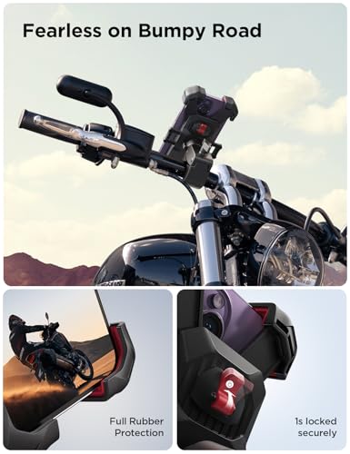 JOYROOM Motorcycle Phone Mount, [1s Auto Lock][100mph Military Anti-Shake] Bike Phone Holder for Bicycle, [10s Quick Install] Handlebar Phone Mount, Compatible with iPhone, Samsung, All Cell Phone - color: Black red