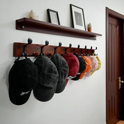 WEBI Coat Rack Wall Mount,30" Solid Wood Coat Hooks Wall Mounted Coat Hanger,16" Hole to Hole,Heavy Duty Hook Rack Rail,5 Triple Hooks for Hanging Coats,Jacket,Clothes,Hat,Backpack,Cherry - color: Cherry, size: 30 Inch