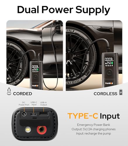WARWOLF 160PSI Tire Inflator Portable Air Compressor, Electric Air Pump for Car Tires with Pressure Gauge, Dual Power 12V DC, LED Light, Auto Shut-Off, Tire Pump for Auto, Motorcycle, Bicycle, Balls