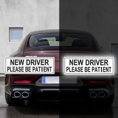2pcs High Intensity Reflective New Driver Car Sticker Waterproof Student Driver Please Be Patient Decal for Car Window Bumper Reflective Night Safety Warning Decal (White) - color: White