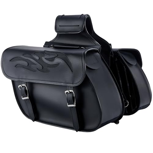 Dream Apparel Faux Leather Motorcycle Saddle Bags Throw Over Saddlebags, PVC Motorcycle Side Bags for Honda Shadow Sportster Softail Dyna V-star (Black) - color: Black 26L & Flame Pattern