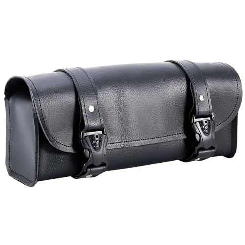 Dream Apparel Motorcycle Tool Fork Bag, PU Leather Front Bag for Motorcycle Front Fork Handlebar Universal Black Sissy Bar Roll Storage Pouch - style: No Studs