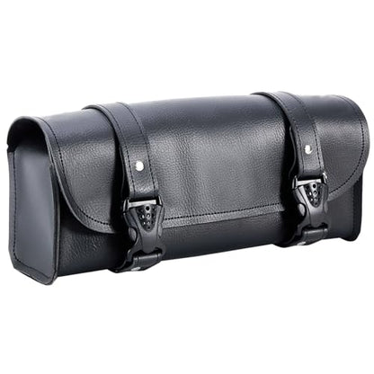 Dream Apparel Motorcycle Tool Fork Bag, PU Leather Front Bag for Motorcycle Front Fork Handlebar Universal Black Sissy Bar Roll Storage Pouch - style: No Studs
