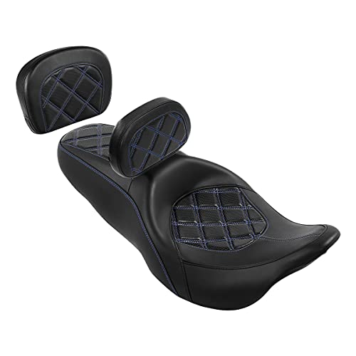 C.C. RIDER Classic Seat Backrest Pad - Driver Sissy Bar fit for Harley Davidson Touring Road King Street Glide Electra Glide Road Glide 2009-2023 - color: Seat + Driver Pad + Passenger Pad Black Blue