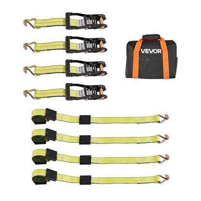 VEVOR Wheel Chock Tie-Down Kit, Deck-Style Trailer Tie Down Strap, Car Tie Down Kit with J-Hook, Break Strength 10009 lbs & Working Load 3333 lbs Motorcycle System for SUVs, Trailers, Trucks - style: Deck-Style with J-Hook