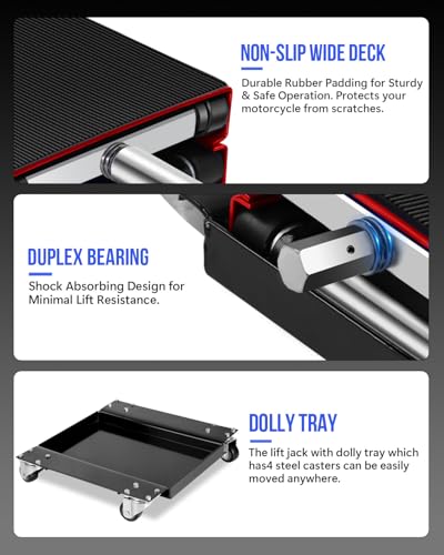 Motorcycle Scissor Lift Jack with Dolly Wheels & Hand Crank - 1100LBS Heavy Duty Adjustable Bike Lift for Cruiser, Dirt Bike, ATV - Foldable, Non-Slip Platform, Garage Repair Stand