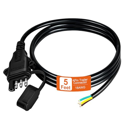 18AWG 5FT 4 Pin Trailer Connector Pure Copper 4 Pin Trailer Wiring Harness Jacketed Cable Heavy Duty Male Extension Wiring Harness 4 Wire 4-Flat Connector 4 Way Flat Plug with Dust Cover - size: 5 Ft 18AWG