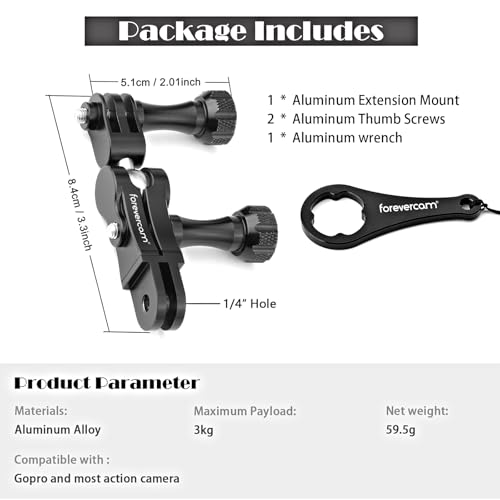 Forevercam Sturdiness Aluminum 360 Degree Rotation Camera Mount for Gopro Hero 13 12 11 10 9 8 DJI Osmo Insta360 AKASO and Other Action Camera Lock Any Direction Extension Mount Bike Handlebar