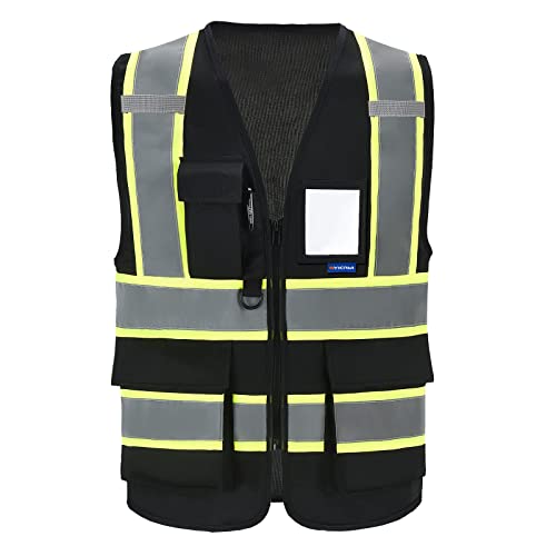 AYKRM 11 color High Vis Reflective Safety Vest for Women Men Pocket Zipper ANSI/ISEA Standard - color: Black, size: XX-Large