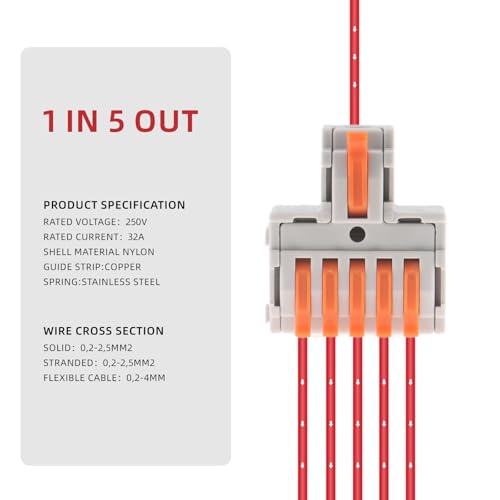 DIANN 10pcs Lever Wire Connectors 1 in 5 Out Circuit Inline Splices Electrical Wire Connector 28-12 AWG Quick Connect Splice Wire Connectors - style: 1 in 5 out