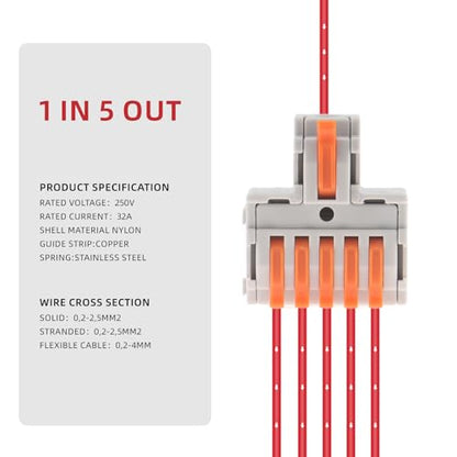 DIANN 10pcs Lever Wire Connectors 1 in 5 Out Circuit Inline Splices Electrical Wire Connector 28-12 AWG Quick Connect Splice Wire Connectors - style: 1 in 5 out