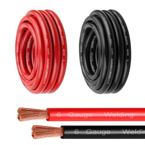 MOOKEERF 6 Gauge Battery Cable - 15FT Red + 15FT Black 6 AWG Welding Cable Flexible Stranded Oxygen-Free Pure Copper Wire for Automotive, Battery, Inverter, Solar, Marine and Generator - color: 15ft Black + 15ft Red, size: 6AWG