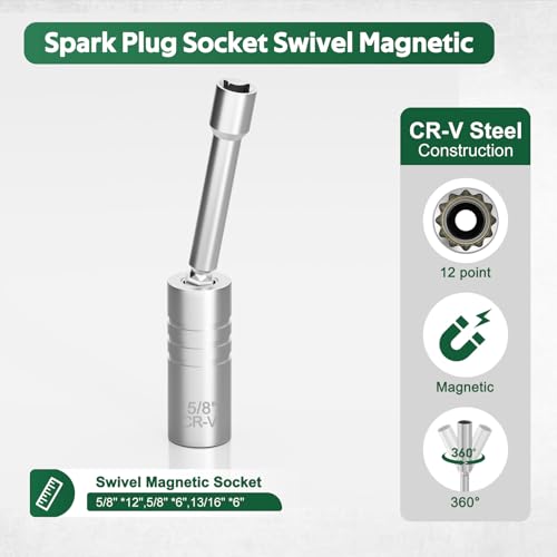 3/8" Drive Spark Plug Socket Set, 13Pcs SAE & Metric 5/8" x 12", 5/8" x 6", 13/16" x 6", 14mm, 16mm, 5/8", 12 Point, Swivel Magnetic Spark Plug Removal Tool for Cars and Motorcycles - size: 13Pcs