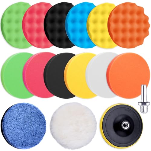 SIQUK 16 Pieces Buffing Pads 5 Inch Car Polishing Pad Kit Foam Polish Pads Wax Buffer Polisher Attachment for Drill - size: 5 Inch