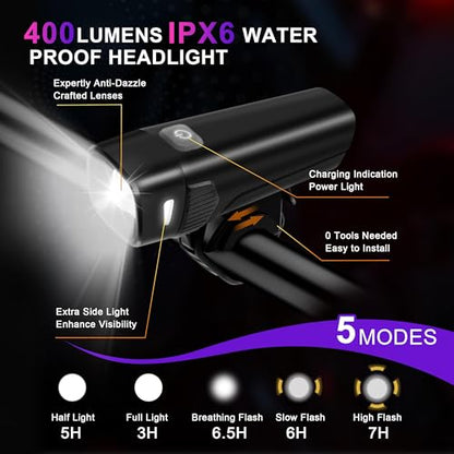 400LM USB Rechargeable Bike Light Set, Front Headlight & Rear Taillight, 5 Lighting Modes, Waterproof Safety Cycling Lights for Road Mountain Bikes, Bike Lighting Parts & Accessories