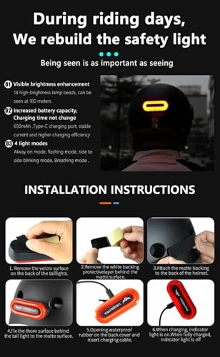 LED Helmet Light, Motorcycle Helmet Light, Bike Bicycle Rear Red Safety Light for Night Riding, Warning Tail Rechargeable Light with Type-C Cable - style: Helmet Light- Upgraded