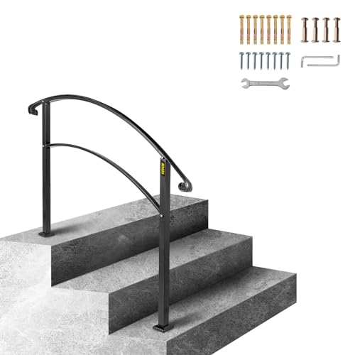 VEVOR Outdoor Handrails for Outdoor Steps, Fit 2-3 Steps Outdoor Stair Railing, Black Wrought Iron Handrail, Flexible Front Porch Hand Rail, Transitional Handrails for Concrete Steps or Wooden Stairs - size: Black 2-3 Step, style: Style1 - Curved