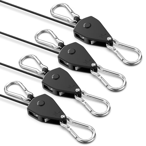 VIPARSPECTRA Retractable Heavy Duty Ratchet Tie Down Straps [4 Pack, 8ft, 75lbs/Pack], Rope Pulley System Rollers with Carabiner Hook for Kayak/Hanging Plants/Grow Light/Tents Various Tie-Down Uses - size: 1/8" 4-Pack