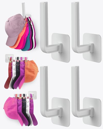 Hat Rack for Hat Storage (4-Pack), Multi-Purpose Hat Organizer, Strong Adhesive Hat Hooks for Wall Organizer for Baseball Caps, Two Mounting Options Hook, White - color: White, style: 4-pack