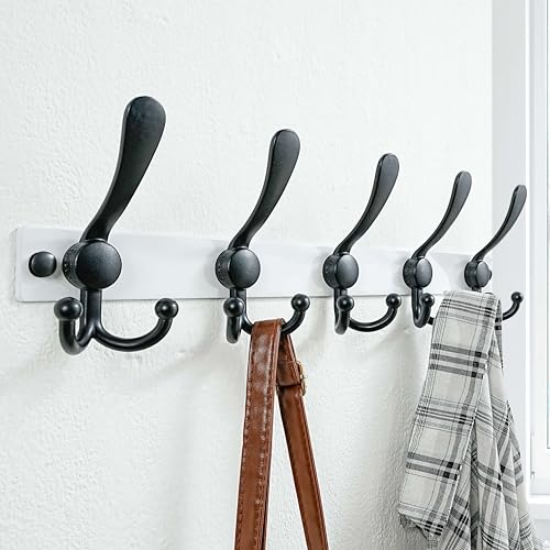 Dseap Coat Rack Wall Mount, Heavy Duty 12-Gauge Base vs Flimsy 1mm, Double-Thick Solid Anti-Snap Hooks, 16” Stud-Mount, Stainless Steel Hanger for Clothes Hat Entryway Closet Mudroom, White & Black - color: White/Black, size: L=17" (1pcs)