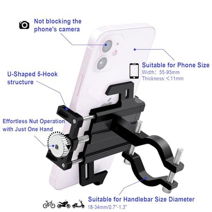 NineLeaf 7PCS Anti-Theft Waterproof Motorcycle Phone Holder Bike Phone Mount, Aluminum Bicycle Phone Holder, Phone Clip for Electric Scooter Compitable for 2.2"-3.7" Phone 90°180°270°360° Rotating