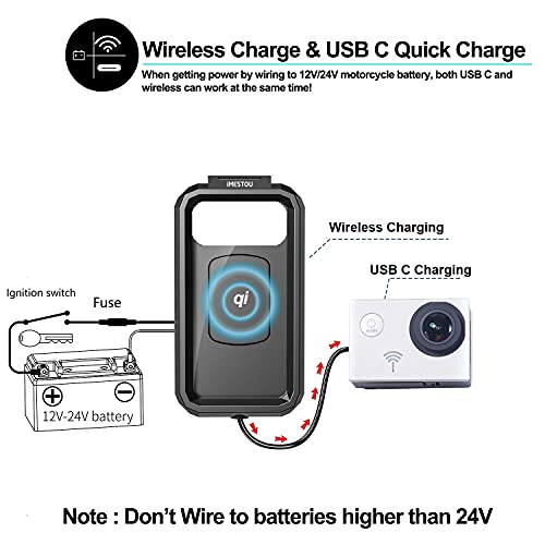 iMESTOU Waterproof IP67 Motorcycle Phone Mount Wireless/USB C Charger Handlebar Cellphone Holder Quick Charge for 5.5"-6.8" Phones, Work by Wiring to 12/24V Motorcycles or Plugging to USB A Sockets - size: For Larger Phone Size