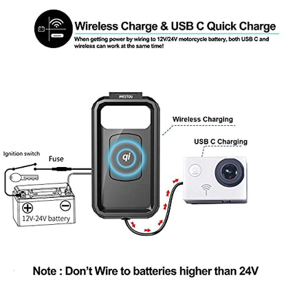 iMESTOU Waterproof IP67 Motorcycle Phone Mount Wireless/USB C Charger Handlebar Cellphone Holder Quick Charge for 5.5"-6.8" Phones, Work by Wiring to 12/24V Motorcycles or Plugging to USB A Sockets - size: For Larger Phone Size
