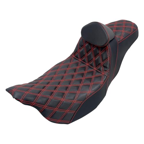 One-Piece Driver Passenger Seat Motorcycle 2-up Seat With Driver Backrest Cushion Pad Fit for Harley Touring Electra Glide Road King Road Glide Street Glide 2009-2023 (Red Stitching) - color: Red Stitching w/Driver Backrest