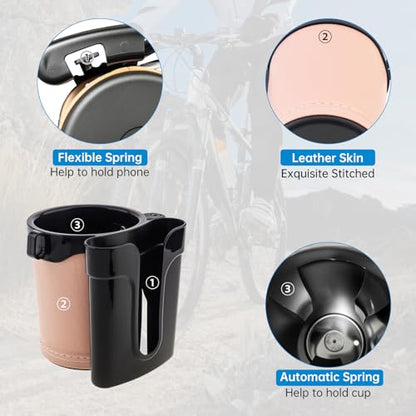 3-in-1 Bike Cup Holder with Cell Phone Keys Hook -Universal Water Bottle Holder for Walker/Wheelchair/Stroller/Scooter, Fits 0.87" Round Handlebar and 2.7" Cup Base,Beige - color: beige