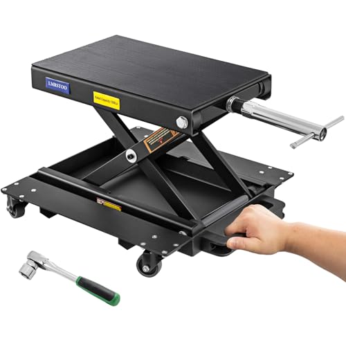 1200 LBS Motorcycle Jack with Dolly, Motorcycle Lift Stand for Dirt Bike ATV,Scissor Jack with Hand Crank Bikes Garage Repair Hoist Stand Ratchet Wrench - color: With Dolly