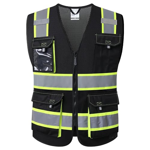 JKSafety Hi Vis Reflective Safety Vests for Men Women High Visibility Vest with Pockets Mesh Fabric Construction Safety Apparel Neon Vest for Work (220-Black S) - color: Jk220-black, size: Small