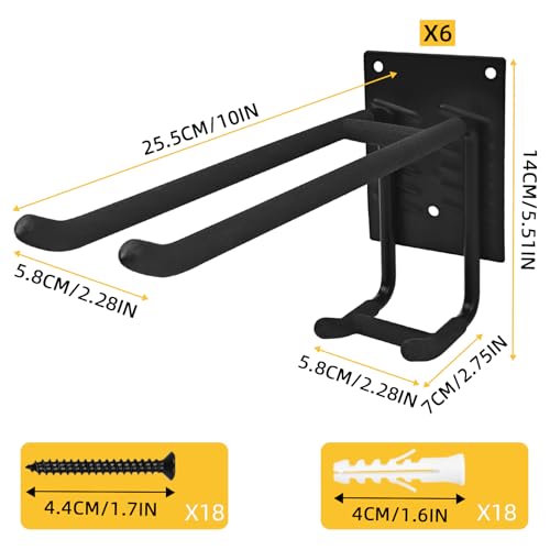 6 Pack Garage Hooks Heavy Duty Steel Garage Storage Hooks Two-Tire Wall Hooks for Organizing Tools Ladders Tires Bikes Garden