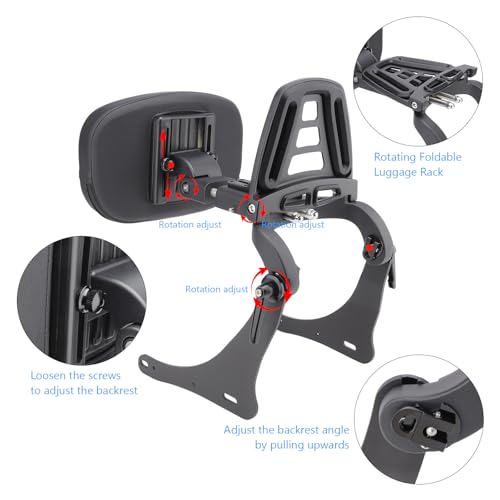 Motorcycle Multi Purpose Adjustable Sissy Bar, Driver/Passenger Backrest Pad with Folding Luggage Rack Mount Kit for Kawasaki Vulcan S 650 2015-2016, Vulcan S EN 650 2017-2024