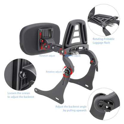 Motorcycle Multi Purpose Adjustable Sissy Bar, Driver/Passenger Backrest Pad with Folding Luggage Rack Mount Kit for Kawasaki Vulcan S 650 2015-2016, Vulcan S EN 650 2017-2024