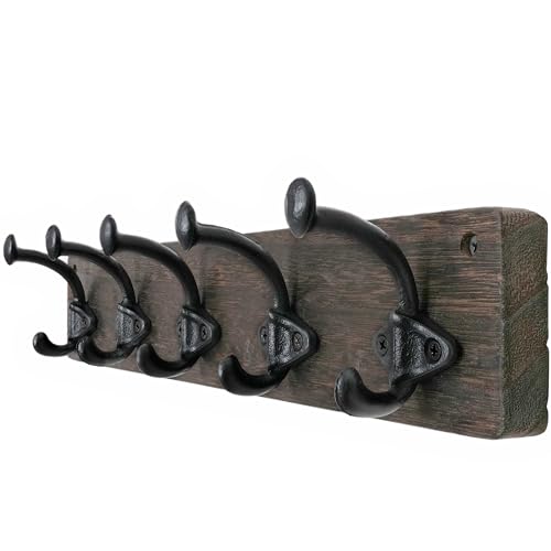WEBI Rustic Coat Rack Wall Mount,5 Cast Iron Coat Hooks Wall Mounted,Heavy Duty Farmhouse Wood Coat Hanger Wall Antique Vintage Hooks for Hanging Jacket,Clothes,Backpack,Weathered Brown - color: Weathered Brown, size: 17 Inch