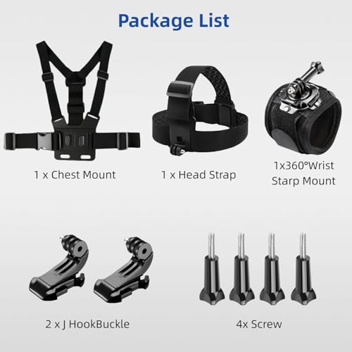 Action Camera Accessories Head Strap + Chest Mount + Wrist Strap Compatible with Gopro Hero 13/12/11/10/9/8/7/6/5/Max, AKASO EK7000/Brave 4/7 LE/V50X, DJI Osmo, VEMONT/WOLFANG/Icefox/Apexcam