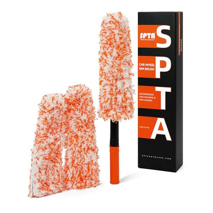 Microfiber Wheel Brush, SPTA Removable Car Wheel Cleaning Brush with 2 Interchangeable Microfiber Covers, Bendable, Firm Rim Cleaner Brush for Wheel Cleaning, Long Non-Slip Handle and Flat Head - color: Microfiber Wheel Brush