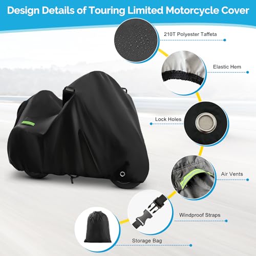Motorcycle Cover for Touring Road Glide/Ultra Limited/Gold Wing Tour/Indian Pursuit, 210T Waterproof Sun UV Rain Outdoor Protection Motorbike Cover with Lock Hole & Soft Cotton Lining - size: Touring Limited