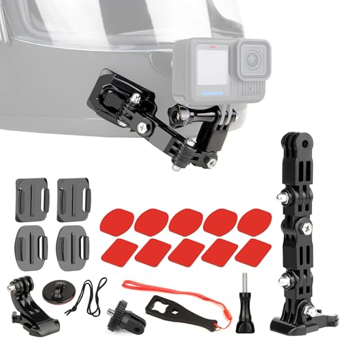 SOONSUN Motorcycle Helmet Chin Mount Kits for GoPro Hero 13 12 11 10 9 8 7 6 5 4 Hero Session, AKASO, SJCAM, Osmo Action Camera – Includes Adhesive Pads Flat Curved J-Hook Mount