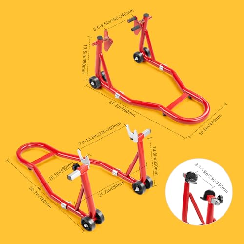 850 lbs Motorcycle Stand Lift Front & Rear Combo, Universal Adjustable Motorcycle Paddock Stands with Wheels, Heavy Duty Bike Lift Stand for Maintenance, Storage & Repair, Red