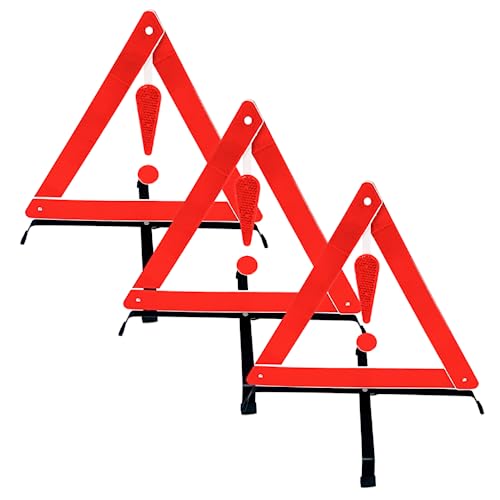 3 Piece Reflective Road Safety Triangle with Warning Exclamation Point | High Visibility and Durable Construction || Foldable and Comes with Case - color: Red - 3 Piece
