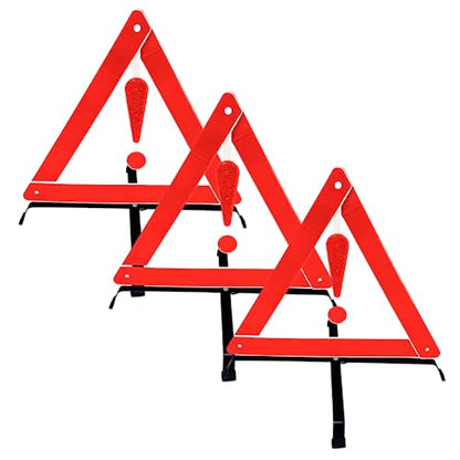 3 Piece Reflective Road Safety Triangle with Warning Exclamation Point | High Visibility and Durable Construction || Foldable and Comes with Case - color: Red - 3 Piece