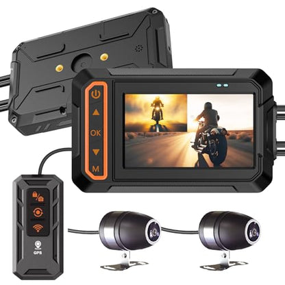 Motorcycle Dash Cam, 3'' LCD Waterproof Motorcycle Front and Rear 1080P Camera Wide Angle 155° with Wi-Fi, GPS, Wired Control, G-Sensor, Max up to 256GB