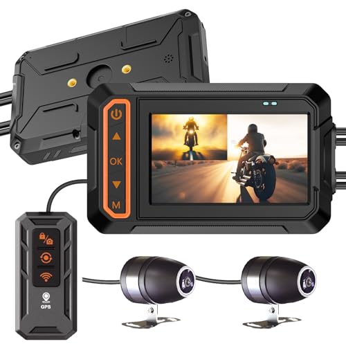 Motorcycle Dash Cam, 3'' LCD Waterproof Motorcycle Front and Rear 1080P Camera Wide Angle 155° with Wi-Fi, GPS, Wired Control, G-Sensor, Max up to 256GB