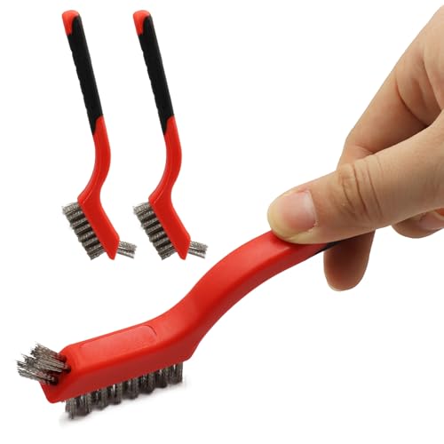 3PCS Stainless Steel Little Wire Brush Set, Curved Handle Brush for Cleaning Rust Removal in Holes DIY Enthusiasts - style: Red-Stainless Steel